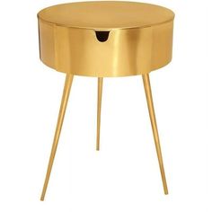 a gold side table with two legs and a round top on the bottom, in front of a white background