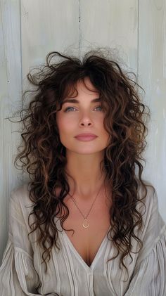 Feathered Bangs Curly Hair, Curly Wavy Brown Hair With Highlights, Diamond Shape Curly Haircut, Curly Hair Haircuts Layers, Long Haircut Short Layers, Long Shaggy Haircuts Curly Hair, Curly Hair Styles For Square Face Shape, Pink And Green Peekaboo Hair, Curly Shag Updo