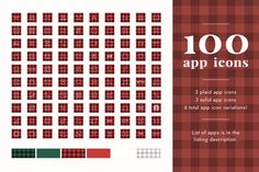 a red and black checkered pattern with the words 100 app icons on each side