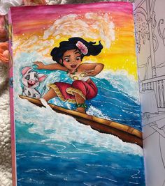 a drawing of a girl on a surfboard in the ocean with an animal next to her