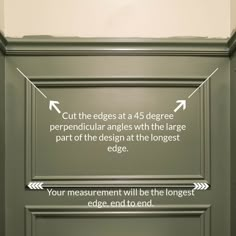 a sign that is on the side of a door saying cut the edges at 45 degree perpendicular angles with the large part of the design at the largest edge