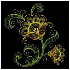 a black background with yellow flowers and swirls on the bottom, and green leaves in the middle