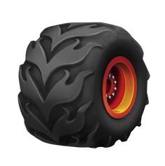 an image of a monster truck tire with flames on the side and red rims