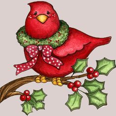 a red bird sitting on top of a tree branch with holly and berries around its neck