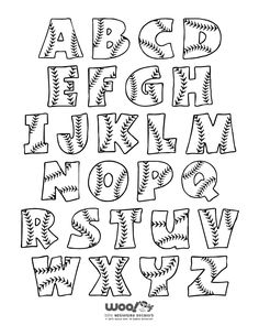 the alphabet is made up of baseballs and letters that are outlined in black ink