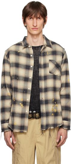 Cotton flannel shirt. Jacquard plaid pattern, frayed edges, and gold-tone paint-splatter effect throughout. · Spread collar · Button closure · Patch pocket · Droptail hem · Dropped shoulders · Single-button barrel cuffs Supplier color: Black/White ombre Shredded Shirt, R13 Denim, Red Wing Boots, White Ombre, Scarf Shirt, Cotton Flannel, Relaxed Style, Mens Denim, Plaid Pattern