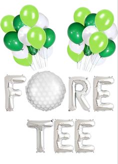 balloons, golf balls and the word free on a white background with green and white balloons