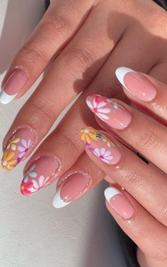 Looking for some flower nail designs? Check out this list of 35+ simple and cute flower nails! Perfect for gel, acrylic, and natural nails. From beautiful French tips to vibrant pink, white, blue, yellow, and green hues, these floral nail designs will add a touch of beauty to your fingertips. Plus: spring nails, summer nails.  (📷 nails_by_cnd IG) Clear Nail Designs With Flowers, French Manicure Flower Designs, Single Flower Nail Design, Floral Nails French Tip, May Flower Nails, Colourful Flower Nails, Nails For Europe Vacation, Nail Floral Designs, Gel Nail Designs 2024