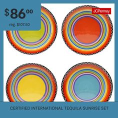 four colorful plates are shown with the price $ 86 00 and each has a different color scheme