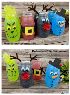 some plastic bottles with faces and noses painted on them