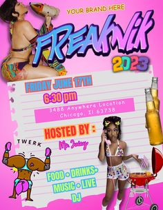 the flyer for freakmik 2013 is shown in pink and purple colors, with an image of a woman talking on her cell phone