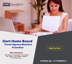 a woman sitting in front of a laptop computer holding a piece of paper with the words start home based travel agency franchse