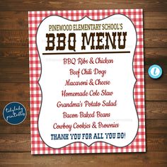 the bbq menu is displayed on a wooden table with red and white checkered paper