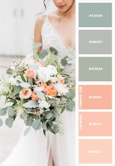 a bride holding a bouquet with peach and grey colors in the same color palettes