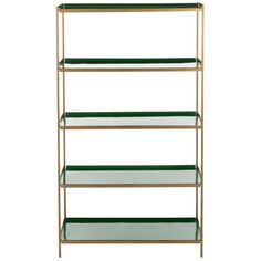 a gold and green shelving unit with glass shelves on each shelf, against a white background