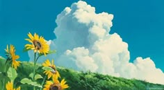 a painting of sunflowers on a hill with clouds in the sky behind them