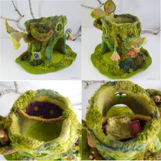 four different views of the inside of a doll house with moss and flowers on it