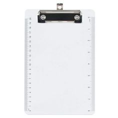 a clipboard with a ruler attached to the front and side of it, on a white background