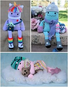 three pictures of stuffed animals in different colors and sizes, including one with a unicorn on it's back