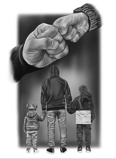 a black and white drawing of a person holding hands with two small children in front of them