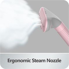 a pink and white hair dryer with steam coming out of it's side