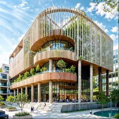 an architectural rendering of a circular building with trees growing on the roof and balconies