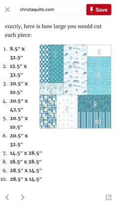 an image of a quilt pattern with numbers and measurements for each piece in the chart