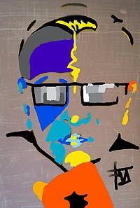 a painting of a man wearing glasses and holding an orange object