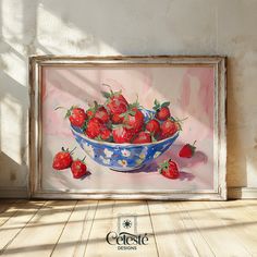 a painting of strawberries in a blue and white bowl on a wooden floor next to a wall