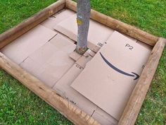 an open cardboard box sitting on the ground next to a tree