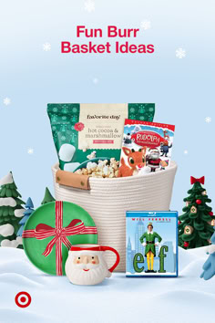 the christmas gift basket is full of books, movies and other holiday gifts for children