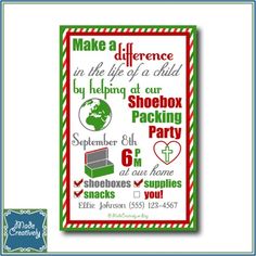 a christmas card with the words make a difference in the life of a child by helping at our shoebox packing party