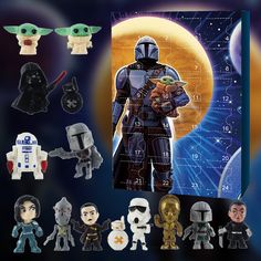 star wars action figures are displayed in front of a poster