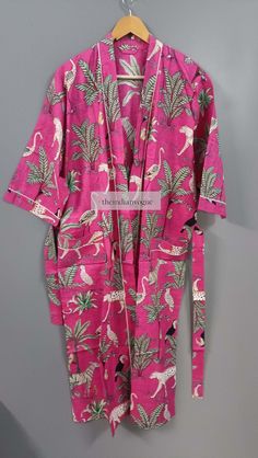 "Cotton kimono robes which are perfect for lounging around the home or spa. Use our Bird print robe as a cover up on the beach or after a dip in the pool. Add a luxe, boho feel to your bridal shower. Versatile, soft and luxurious, our 100% cotton kimono robes are printed with azo-free dyes. The printed robe features 3/4th sleeves, a waist tie and two front pocket.Indian Kimono, Kimono, Cotton Robe, Robes, Dressing Gown, Women Wear, fridakahloprint robe, bridal shower, soft, Kimono Robes,dressing Long Summer Robe For Sleep, Long Summer Sleep Robe, Long Summer Sleep Kimono, Summer Wrap Sleepwear For Home, Summer Sleep Robe In Pink, Long Summer Robe For Lounging, Long Summer Lounging Robe, Summer Pink Sleep Robe, Pink Summer Sleep Robe