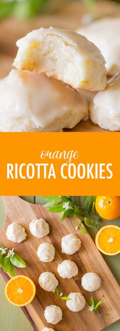 orange sugar ricotta cookies on a cutting board with fresh tangerines in the background