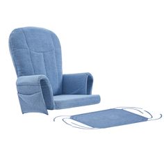 a blue recliner chair and footstool sitting next to each other on a white background