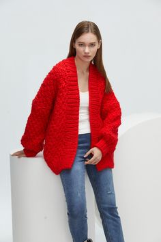 Slouchy Chunky Knit Fall Cardigan, Slouchy Chunky Knit Cardigan For Fall, Trendy Red Oversized Cardigan, Trendy Oversized Red Cardigan, Chunky Oversized Winter Sweater, Cozy Red Cable Knit Cardigan, Chunky Oversized Sweater For Fall, Red Chunky Knit Winter Cardigan, Oversized Red Cardigan For Fall