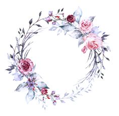 a watercolor wreath with pink roses and leaves on the bottom, surrounded by greenery