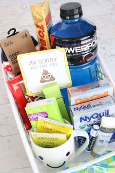 a white basket filled with lots of different items