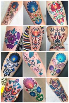 many different pictures of flowers and leaves on the arm, both with their own colors