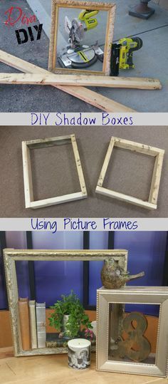 three different frames are shown with the words diy shadow boxes on them and one is made out of wood