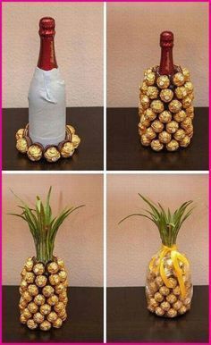 four pictures of pineapples and a bottle of wine with chocolates in them