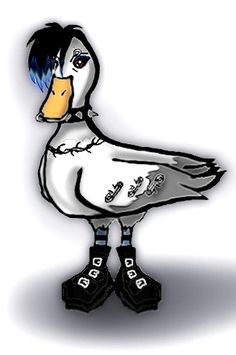 a drawing of a duck with blue hair and black boots on it's feet