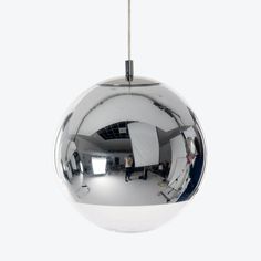 Highly reflective chrome pendant light reflecting photography studio environment. Lamp Kitchen, Chrome Pendant Lighting, Ball Pendant Lighting, Contemporary Pendant Lights, Mirror Ball, Tom Dixon, Globe Pendant, Ceiling Rose, Ball Pendant