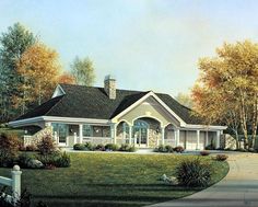 this is an artist's rendering of a house in the country side with trees and shrubs