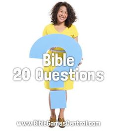 a woman holding a large question sign with the words bible questions on it