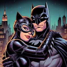 batman and catwoman hugging in the city