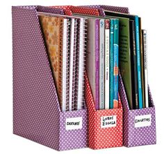 a purple book holder filled with lots of books