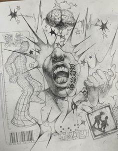 a pencil drawing of a man with his mouth open and brain exploding in the background