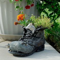 an old pair of boots with flowers growing out of them on a cement slab in front of some plants